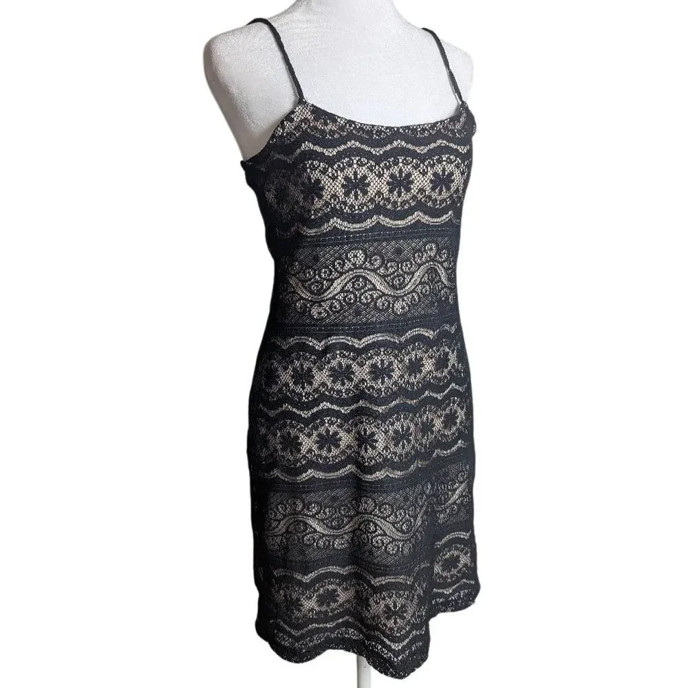 Vintage 90s Poetry Black & Nude Lace Crochet Overlay Slip Mini Dress Juniors M